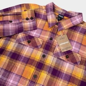 Patagonia Fjord Flannel Shirt Women's L Plaid Sun Rays Night Plum Midweight NWT